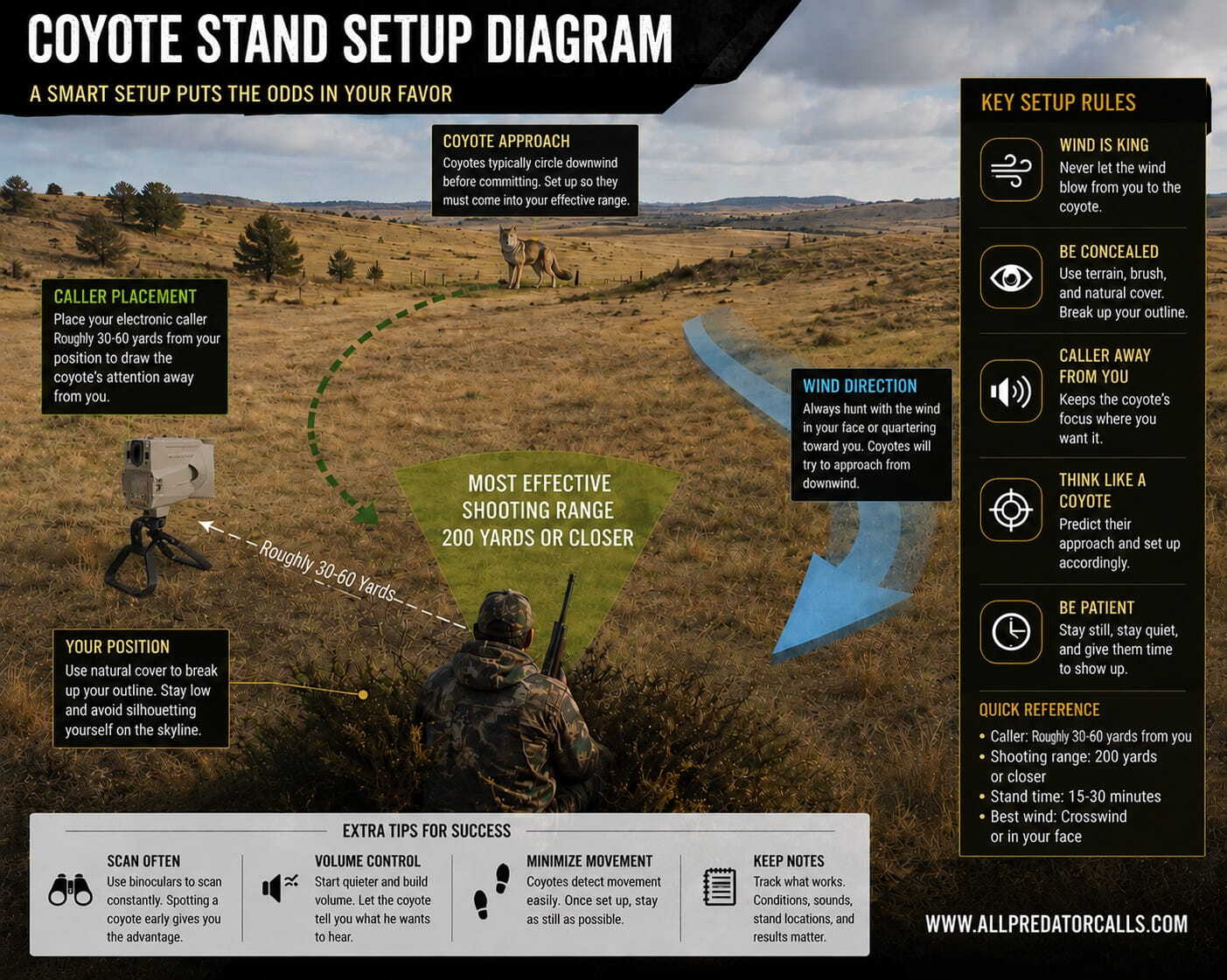 Coyote stand setup diagram showing wind direction, caller placement, and hunter positioning Coyote stand setup diagram showing wind direction, caller placement, and hunter positioning