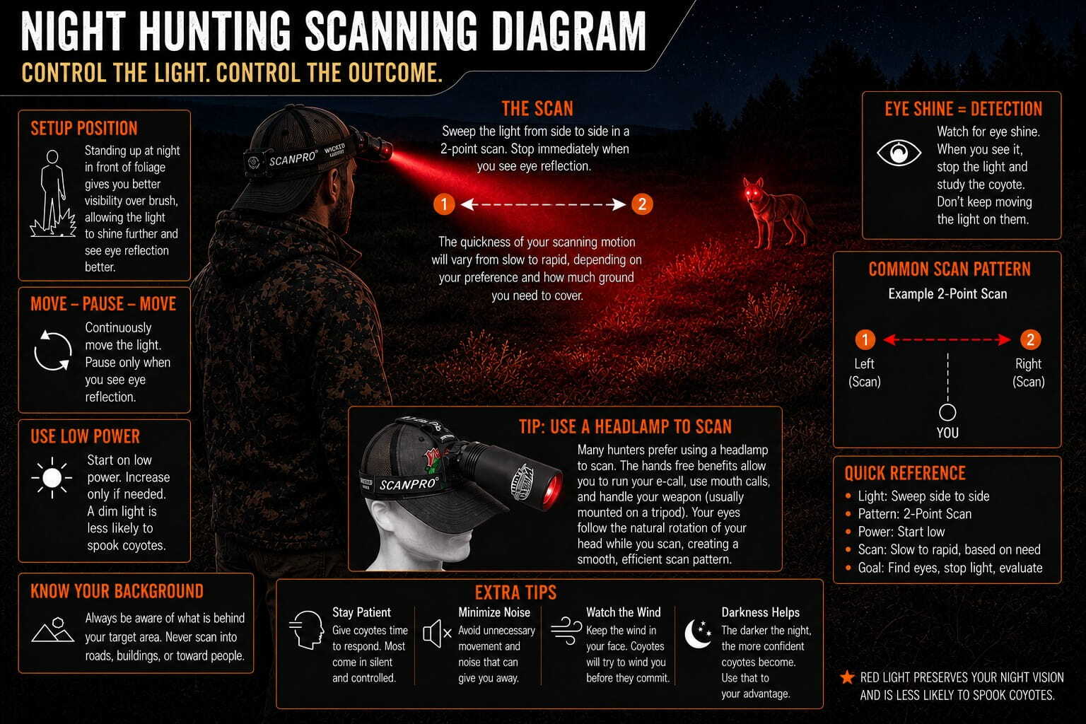 Night hunting scanning diagram showing red light scanning technique, headlamp setup, and coyote eye shine detection Night hunting scanning diagram showing red light scanning technique, headlamp setup, and coyote eye shine detection